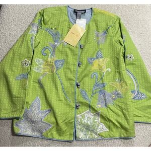 NWT Indigo Moon Jacket Womens Large Floral Embroidered Green Art-to-Wear Buttons